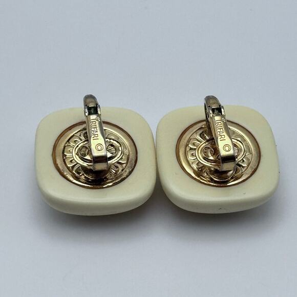 Vintage Crown Trifari Gold Tone Clip On  White Enamel Square Earrings 1940s - Picture 4 of 4